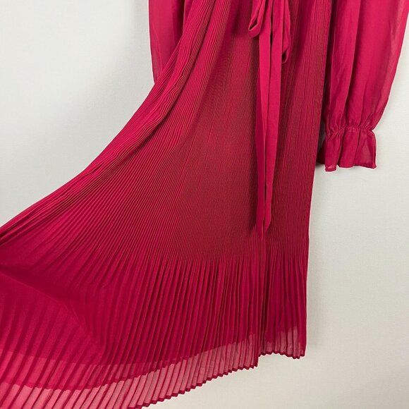 Anrabees Midi Dress XL Maroon Pleated Long Puff Sleeve Ruffle A-line Chiffon NEW - Picture 9 of 16